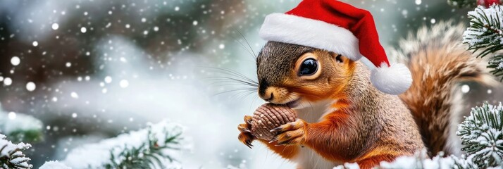 Happy Christmas squirrel holding an acorn with a tiny Santa hat