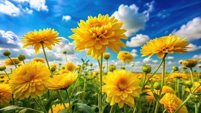 Vibrant yellow chrysanthemums bloom in a lush green meadow, swaying gently in the breeze under a bright blue sky with scattered white clouds.
