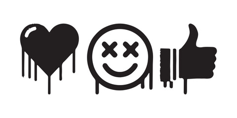 Spray-painted black graffiti with hand-drawn, grunge components that drip. Icons for a heart, crown, checkmark, and smiling are spray brush textures. Stylish urban vector image of symbols from street 