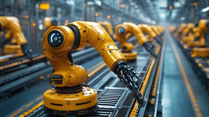 Fototapeta premium Factory Automation: Mechanized industry robot and robotic arms for assembly in factory production. Concept of artificial intelligence for industrial revolution and automation manufacturing process