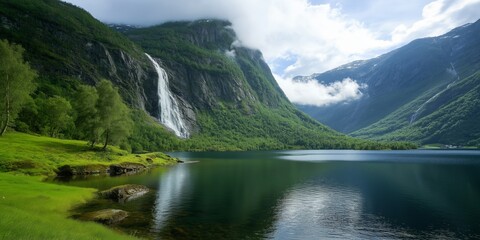 A beautiful mountain landscape with a large waterfall and a lake. The water is calm and the sky is clear. The scene is peaceful and serene, with the mountains in the background © Andrii Zastrozhnov