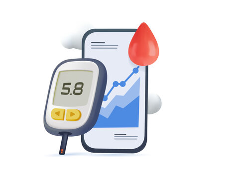Diabetes illustration set in 3D style. Mobile app check blood sugar level with glucometer and diabetic insulin pump. Smartphone with diabetes giving treatment against disease. Vector illustration