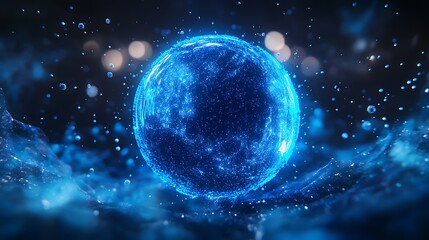 A Glowing Blue Sphere Surrounded by Particles and Lights