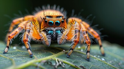Fototapeta premium A close-up photograph of a brightly colored jumping spider on a green leaf.