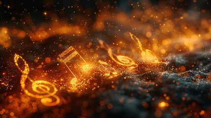 A vibrant abstract design featuring sparkling golden musical notes against a dark background.