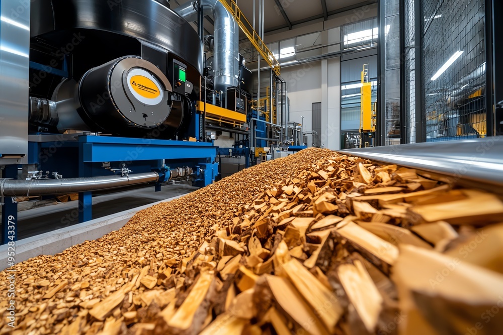 Poster Biomass efficiency and performance are depicted in a minimalist design focusing on the optimized output of a cutting-edge biomass plant