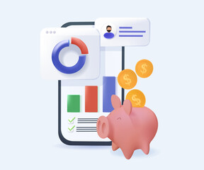 Financial illustration in 3D style set. Investing money in stock market. People analyzing financial graphs, charts and diagrams and other data. Stock trading concept. Vector illustration 3D cartoon