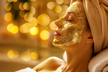 A woman is sitting in a bathtub with a gold mask on her face