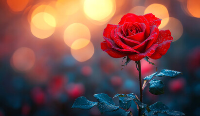 A red rose is the main focus of the image, with a blurry background and a blue sky. The rose is surrounded by water droplets, giving it a fresh and vibrant appearance. Scene is one of beauty