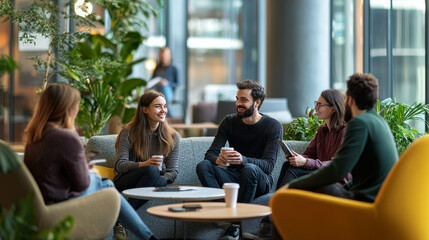 Group of Friends Enjoying Coffee Break in Modern Office Lounge