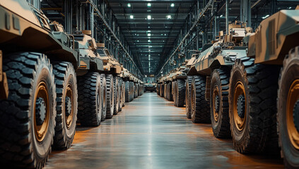 Row of military armored vehicles lined up in a factory setting with industrial lighting and polished floors.
