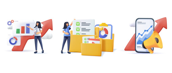 People Characters Analyzing Charts, Graphs, Planning Business Strategy and Managing Data on Laptop and Smartphone. Business Intelligence and Analysis Concept. 3D cartoon Vector Illustration Set