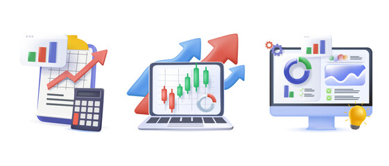 Obraz premium Financial illustration set in 3D style. Investing money in stock market. Analyzing financial graphs, charts and diagrams and other data. Stock trading concept. Vector illustration
