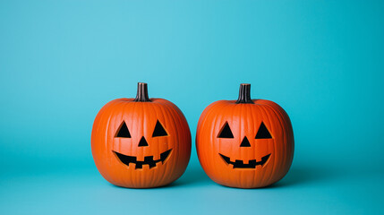 Obraz premium Two Jack-o'-lantern Pumpkins on Blue Background with Copy Space
