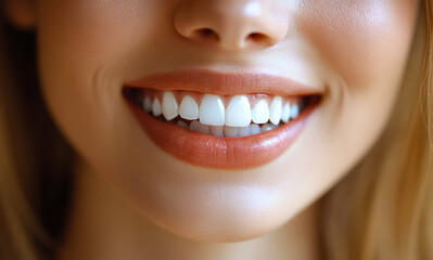 Fototapeta premium A woman with a bright smile showing her teeth. Concept of happiness and confidence