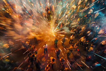 A blurry image of a crowd of people dancing and celebrating