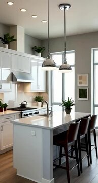 a sleek and modern kitchen with high-gloss white cabinets, quartz countertops, and stainless steel appliances, set against a backdrop of light gray walls and wooden flooring with a subtle walnut tone
