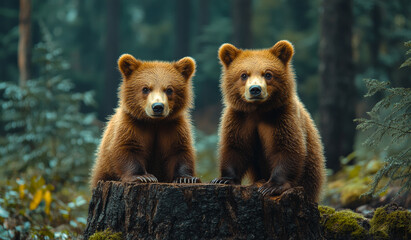 Obraz premium Two brown bears are sitting on a log in the woods. The bears are looking at the camera and seem to be curious about the photographer
