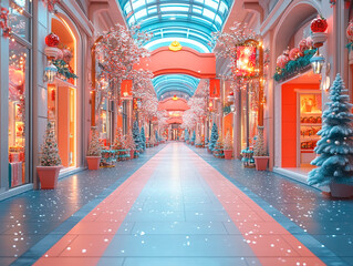 Central empty 3D podium set in a holiday shopping environment, surrounded by doorbuster deal banners and holiday-themed decorations. The scene is alive with animated tags and discount visuals