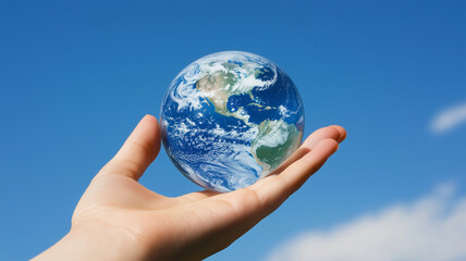 手に持つ地球と青空