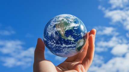 手に持つ地球と青空