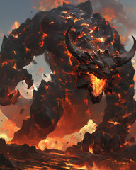 massive fire elemental in the form of a horned beast, charging with unstoppable force through a fiery landscape