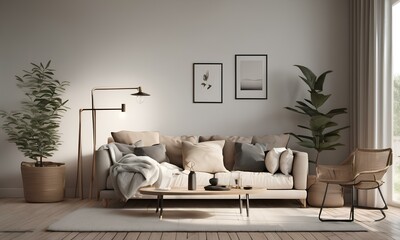 Scandinavian-style living room interior. The room is well-lit and decorated in light tones. The center of the scene is occupied by a cozy sofa.