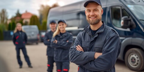 A group of workers in blue uniforms stand in front of a blue van. They are smiling and posing for a picture