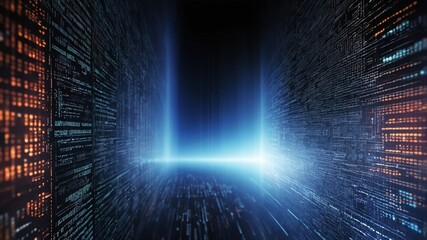 抽象的な技術的ビジョンを表現するソフトウェア開発者とプログラミングコードの背景