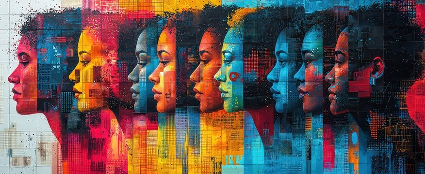 A vibrant, colorful pattern of abstract shapes and designs representing different people from around the world coming together in unity. 