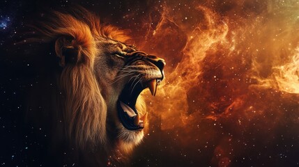 Majestic lion roaring against a cosmic background of stars and flames © Andrii