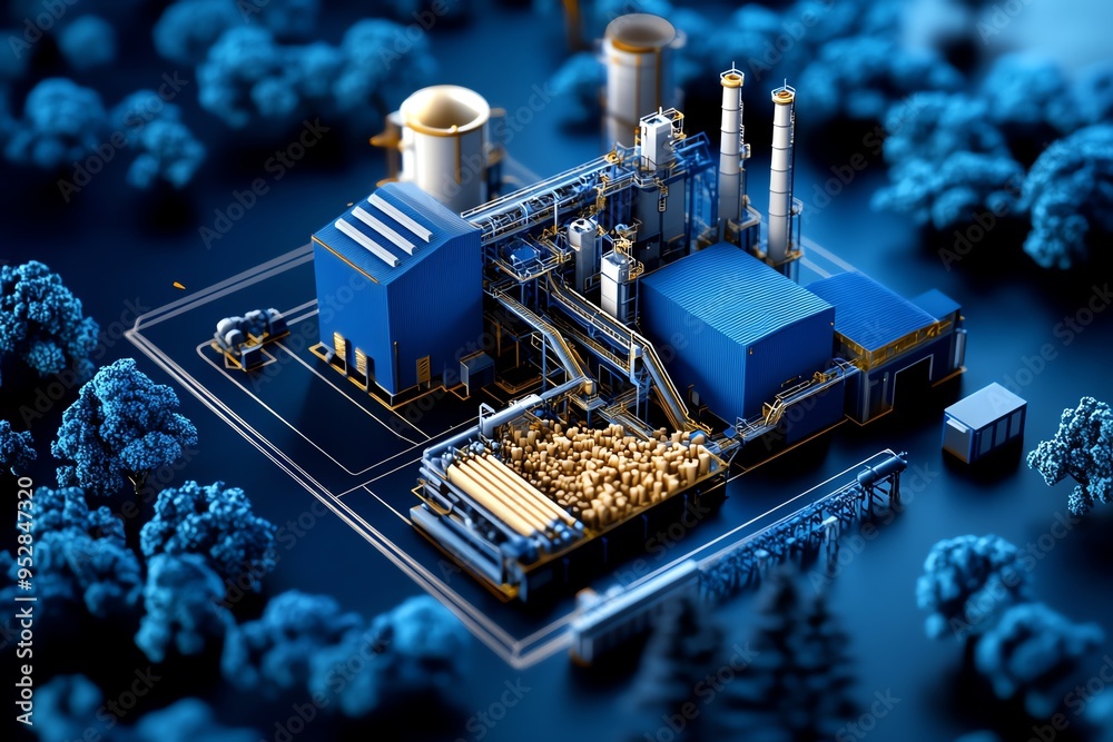 Poster biomass facility blueprint is highlighted in a minimalist design showing the detailed layout of a bi