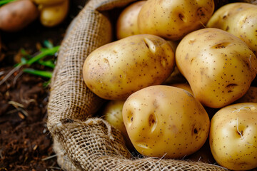 Fresh potatoes in a bag on the ground. Concept template for advertising, harvest, store, market with copyspace
