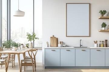 Fototapeta premium Poster Mockup in Kitchen Interior with White Wall created with Generative AI