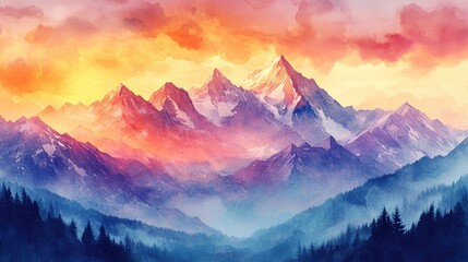watercolor mountain landscape, beautiful hand-drawn watercolor mountain landscape with snowy peaks and a vibrant sunset, great for nature lovers and travel content