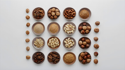 Obraz premium Various nuts in cups on a white background. Concept design banner for healthy eating, advertising for snacks, vegetarianism and veganism.