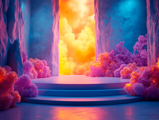 Central empty 3D podium, surrounded by a dynamic Cyber Monday scene with animated visuals of savings and shopping spree elements. The environment is tech-inspired, with bright, vibrant colors.