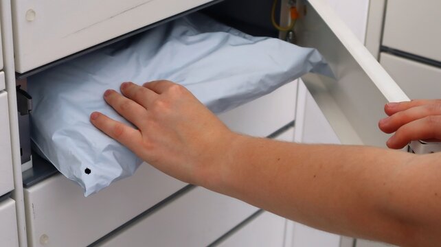 A person picks up a parcel from a parcel terminal. The hand holds the packaged goods for sending through a mailbox.