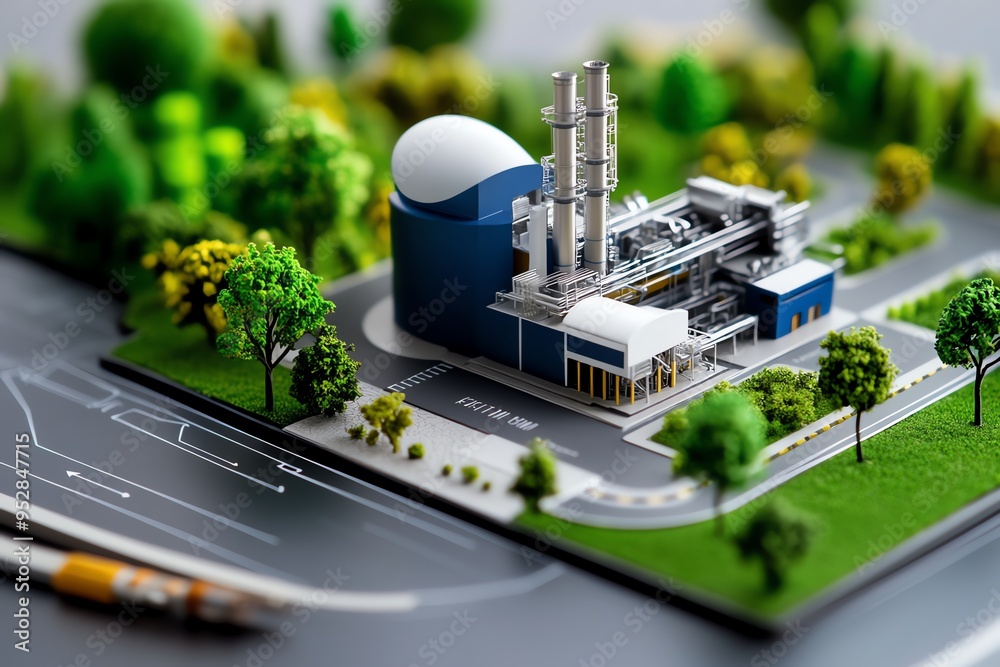 Aufkleber biomass facility structure is highlighted in a minimalist blueprint of a bioenergy processing plant,
