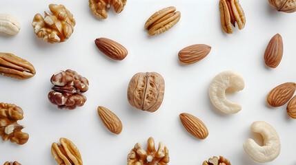 Various nuts are scattered on a white background. Concept design for healthy eating, advertising for snacks, vegetarianism and veganism.