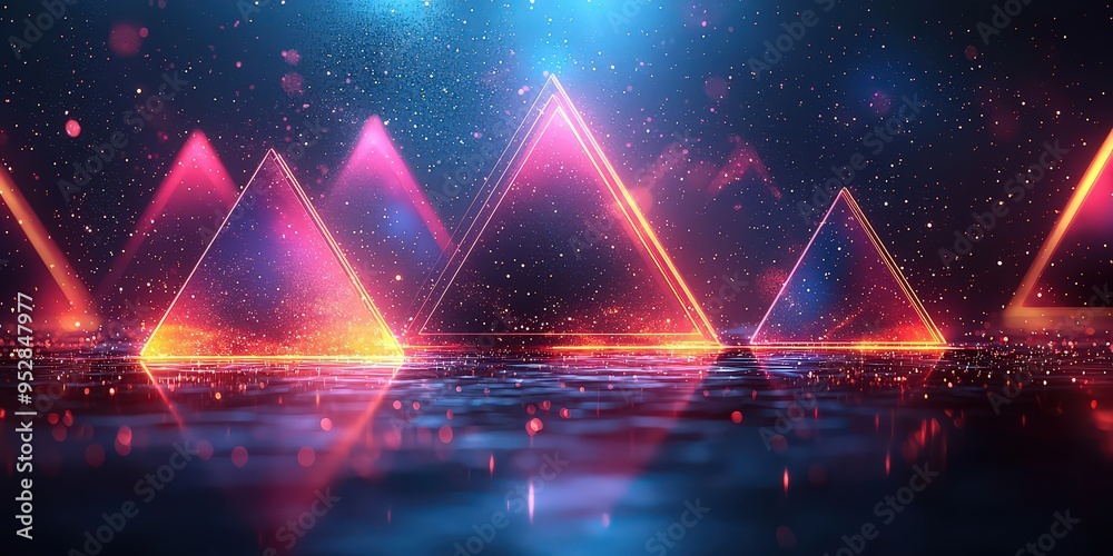 Wall mural abstract background with glowing neon triangles and geometric shapes in blue, pink, and red colors.