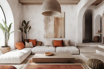 Tranquil Minimalism: A sun-drenched living room exudes serenity with its earthy tones, natural textures, and minimalist design.  