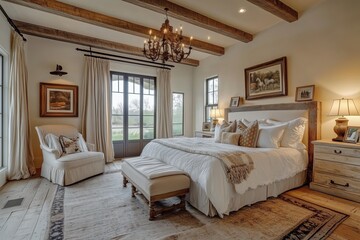 Rustic Elegance: A serene and inviting master bedroom with exposed wooden beams, a plush bed, and a cozy armchair. The large windows offer a breathtaking view of the outdoors, creating a sense of peac