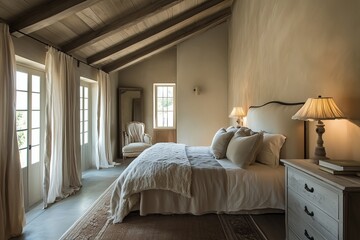 Serene Rustic Bedroom Retreat: A sun-drenched sanctuary with exposed beams, linen drapes, and a plush bed, embodying tranquility and rustic charm. 