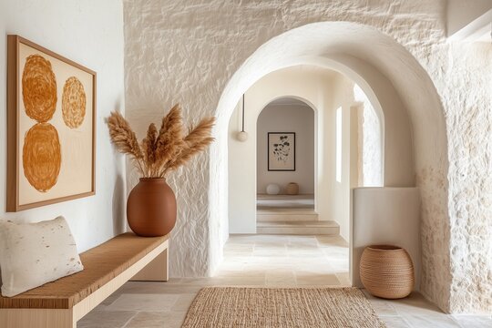 Serene Minimalism: An airy hallway with arched doorways, a rustic bench, and pampas grass in a terracotta vase embodies minimalist interior design. 