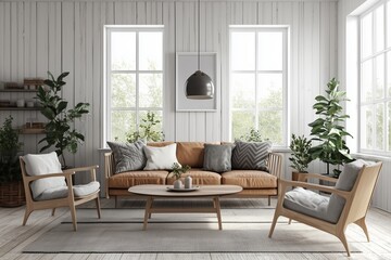 Cozy Scandinavian Living Room: A serene and inviting living space with a rustic, yet modern aesthetic. Sunlight streams through large windows illuminating the warm wood tones and plush textiles of the