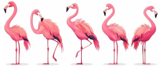 Obraz premium A group of illustrated pink flamingos in various poses on a white background, showcasing their elegance.