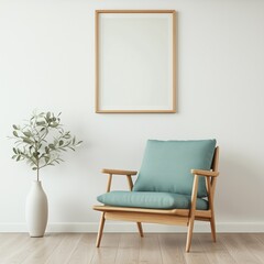 Serene Minimalism: A teal armchair invites relaxation in this minimalist interior, featuring a blank frame for your personalized touch. 