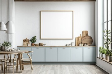 Fototapeta premium Poster Mockup in Kitchen Interior with White Wall created with Generative AI