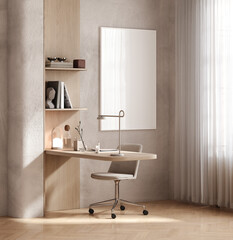 Poster mock up in home office interior background, modern loft style, 3d render